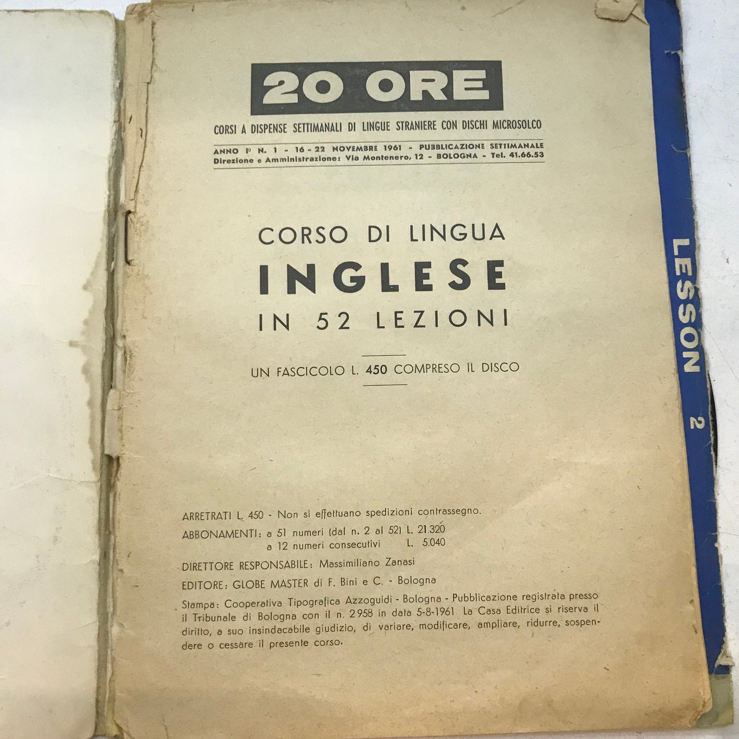 Corso LINGUA INGLESE 20 ORE Globe Master vinili 33 giri 52 fascicoli anni 60