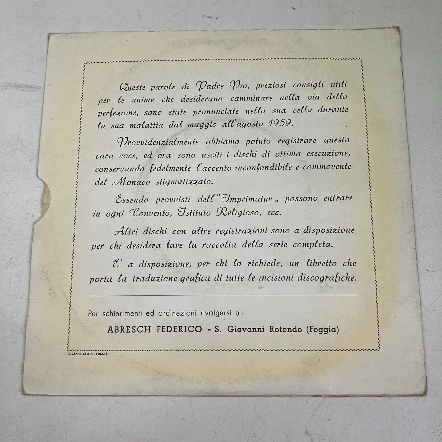 Vinile LP 45 giri Padre Pio Pietrelcina vi parla e benedice S. Giovanni Rotondo