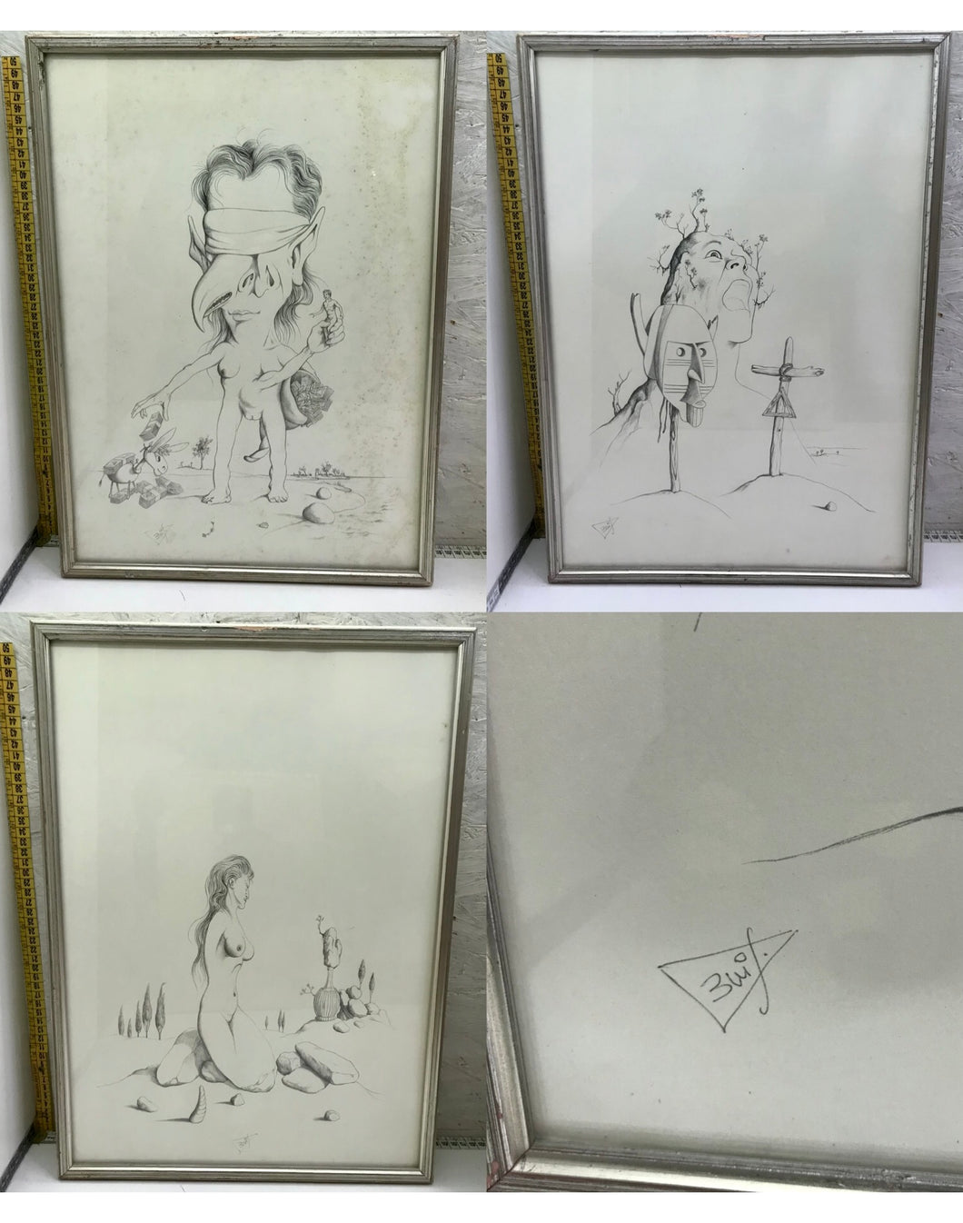 Lot of drawings ALBERTO TREVISAN Venetian surrealist watercolorist 3 paintings
