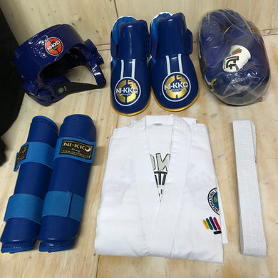 Complete Taekwondo NI-KKO ITF Tg. M dobok first boxing gloves, helmet, shin guards