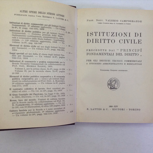 Libro - Istituzioni di Diritto Civile Istituti Tecnici - Campogrande Lattes 1936